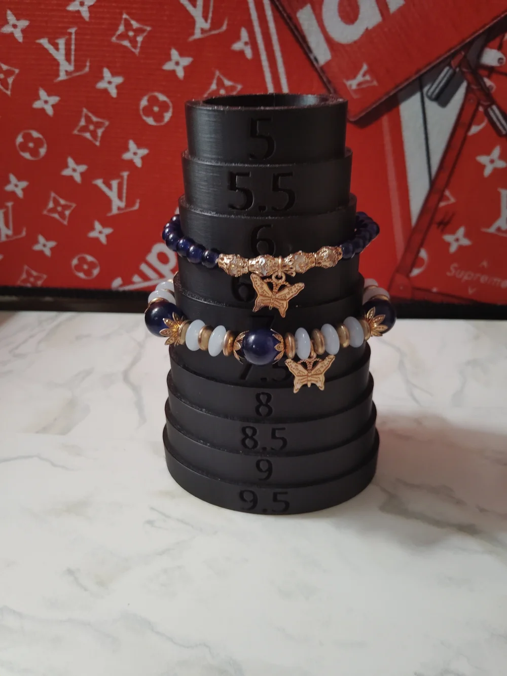 Gold Butterfly Charm Navy Bead Stretch Bracelet